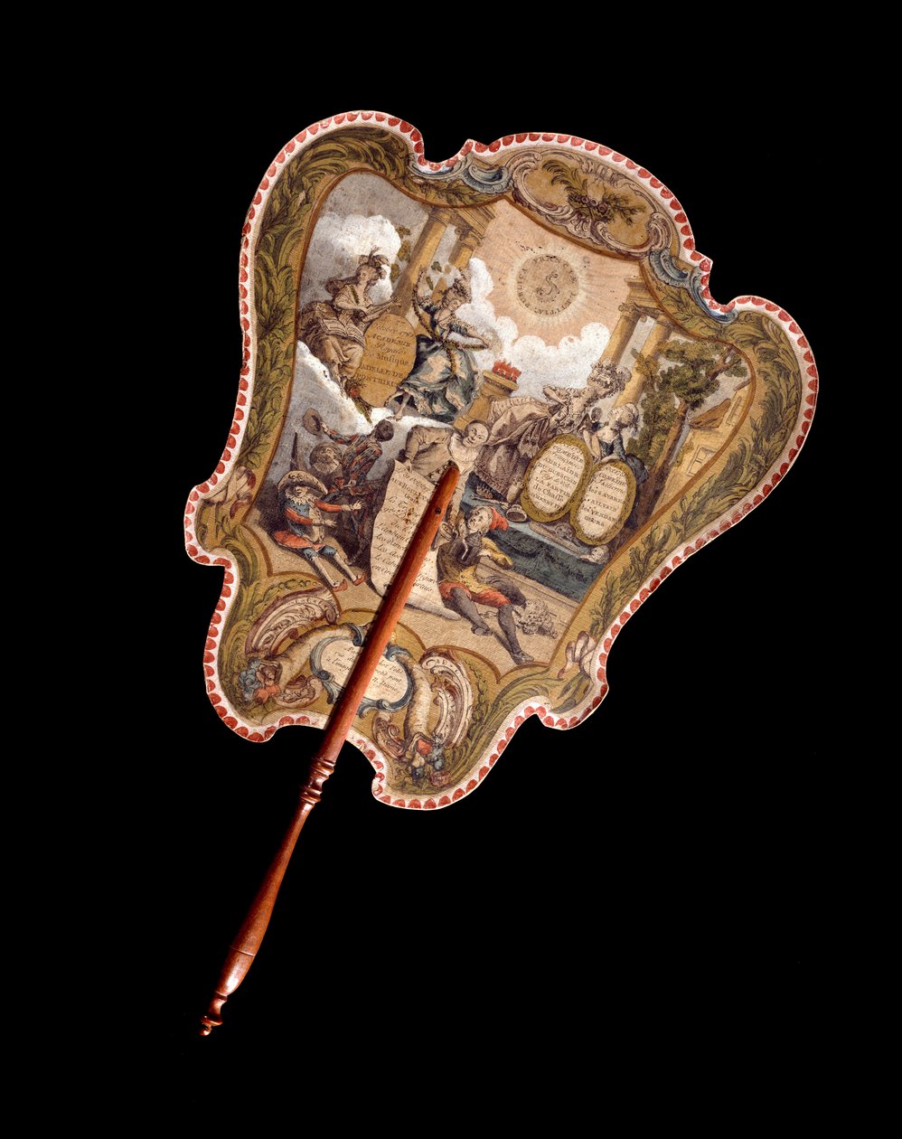 Ruční obrazovka. Barevná rytina na kartonu, která chránila obličej před žárem ohně. Francie 18. století. Paříž, Musee Carnavalet od French School
