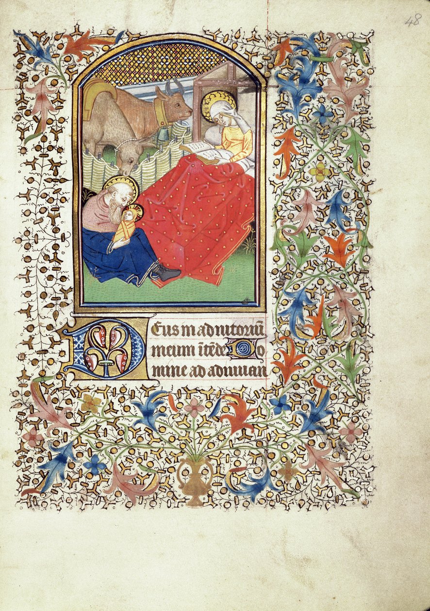 Rukopis 69 f.48r, Narození Ježíše, z Knihy hodin „mistra Jacques de Besançon“ od French School