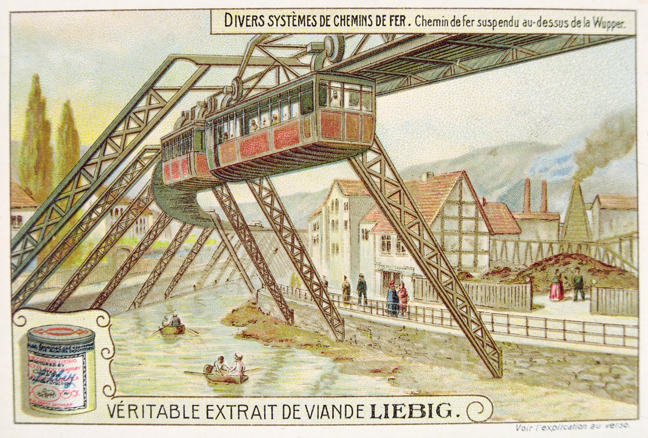 Závěsný vlak na řece Wupper, propagační reklamní karta pro Veritable Extrait de Viande Liebig od French School