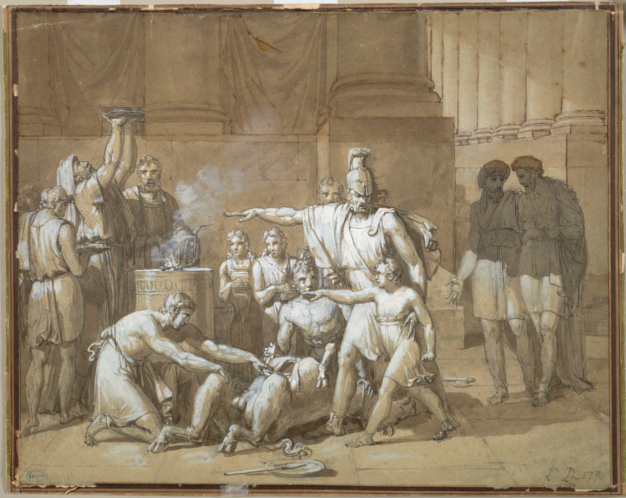 Hannibal přísahající Římu věčné nepřátelství, asi 1808 (pero a tuš s rozmytím nad grafitem) od French School