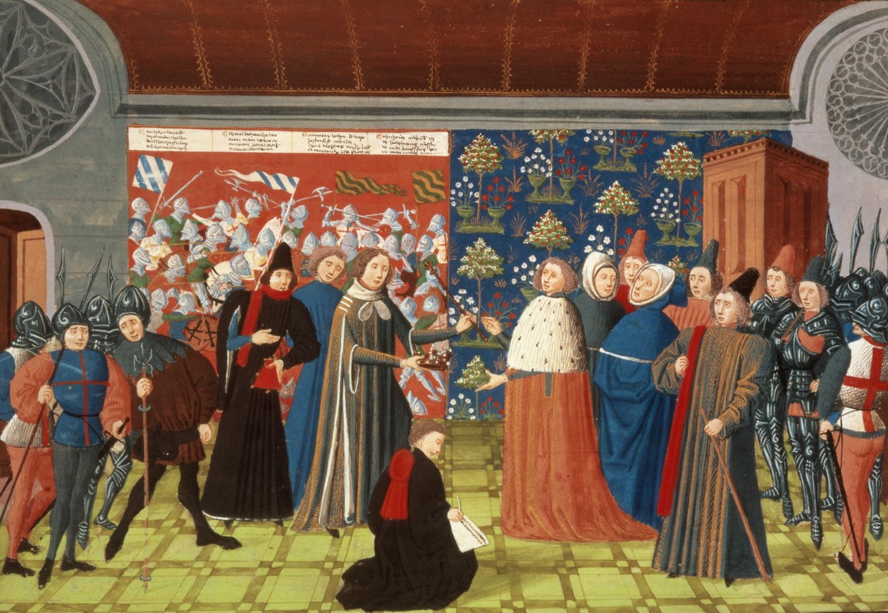 Harl.4380 f.184v Richard II předává korunu hraběti z Derby, z Froissart