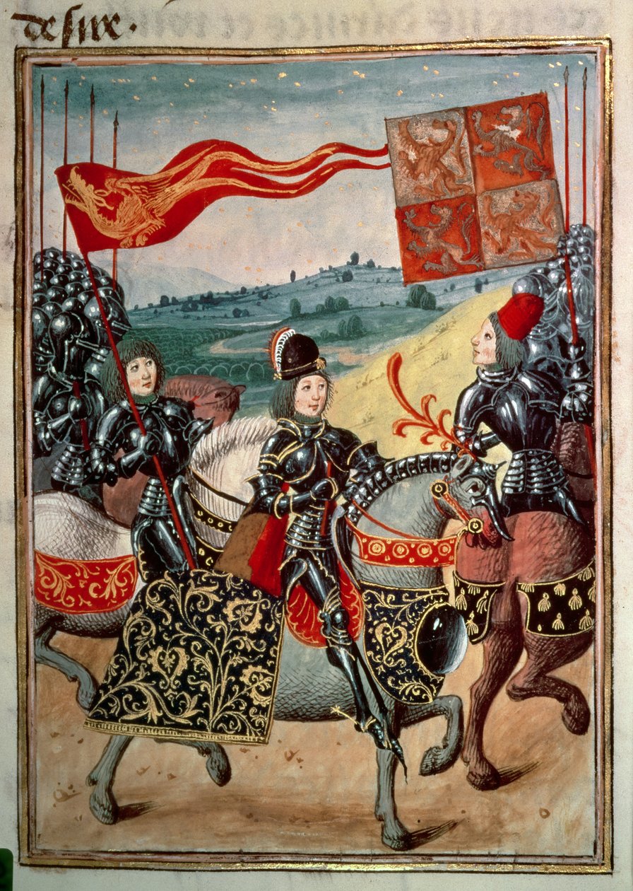 Harl 4379 f.113 Rytíř a dva průvodci nasedli s armádou, svazek IV, z 