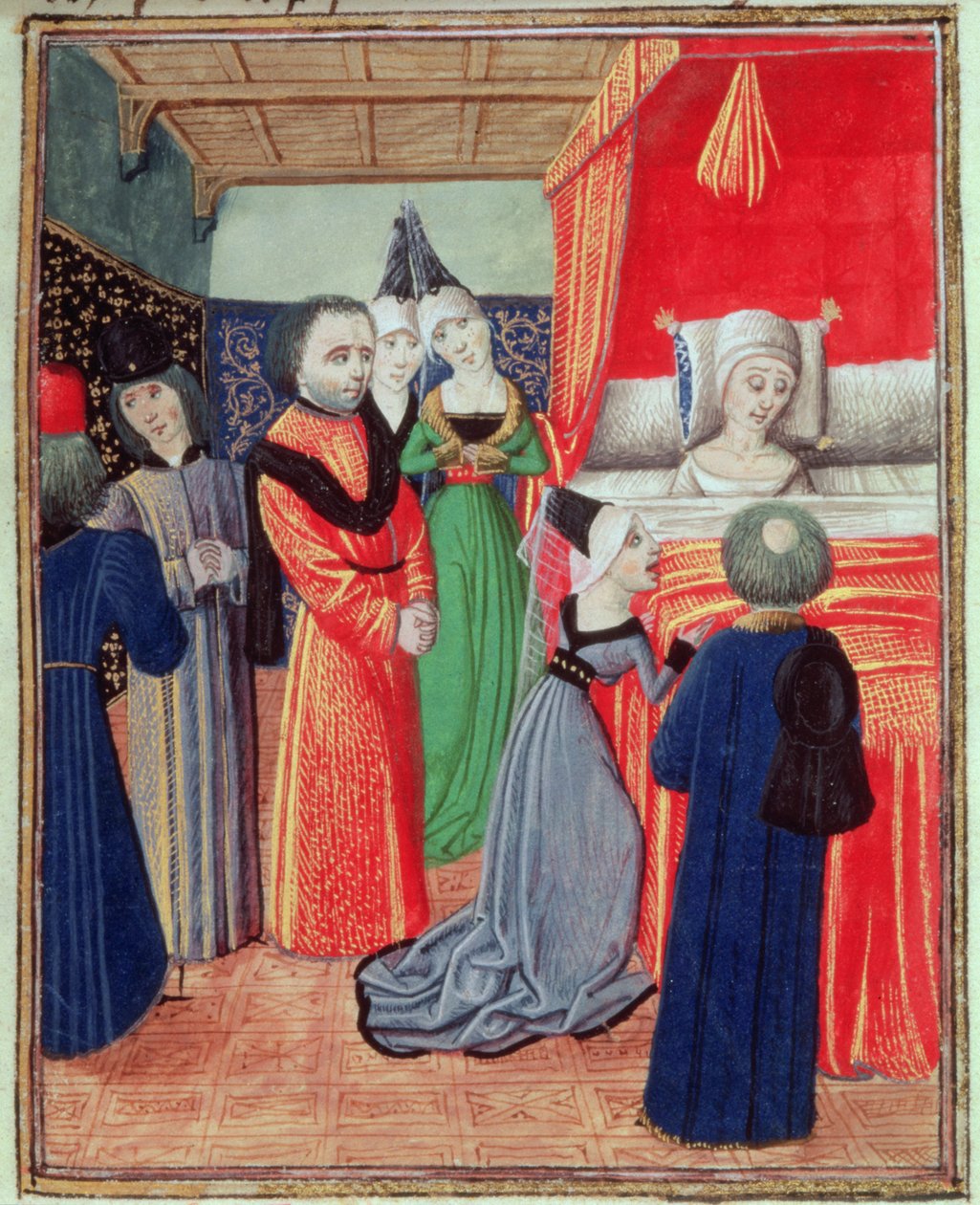 Harl 4380 f.22 Smrt královny Anny České, manželky Richarda II., způsobená morem, z Froissartovy kroniky, svazek IV (vellum) od French School