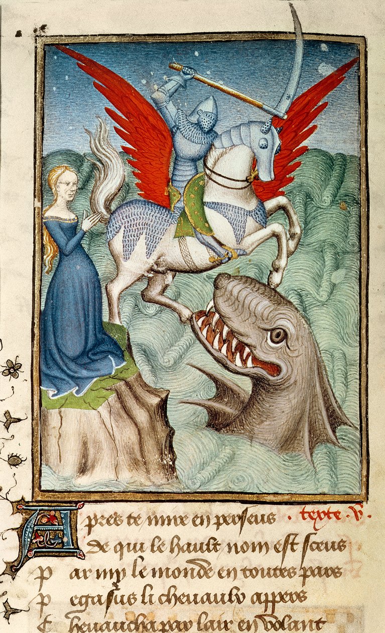 Harl 4431 f. 98v Andromeda zachráněná z monstra Perseem na Pegasovi, pařížská kopie, kolem 1410-11 (vellum) od French School