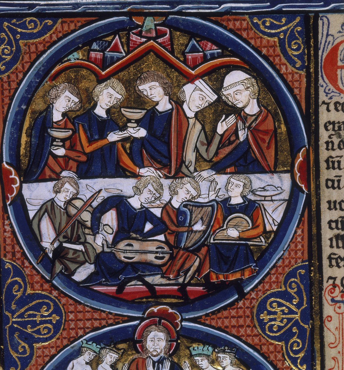 Harley 1527 fol. 36v Banket s hudebníky, z 