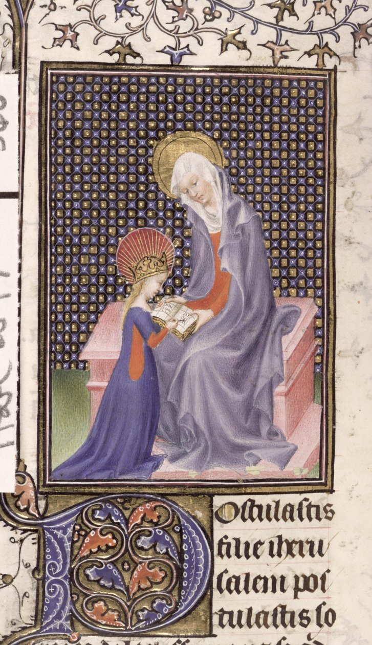 Harley 2897, f.340v: Svatá Anna vyučující Pannu Marii, napsáno a iluminováno v Paříži (vellum) od French School
