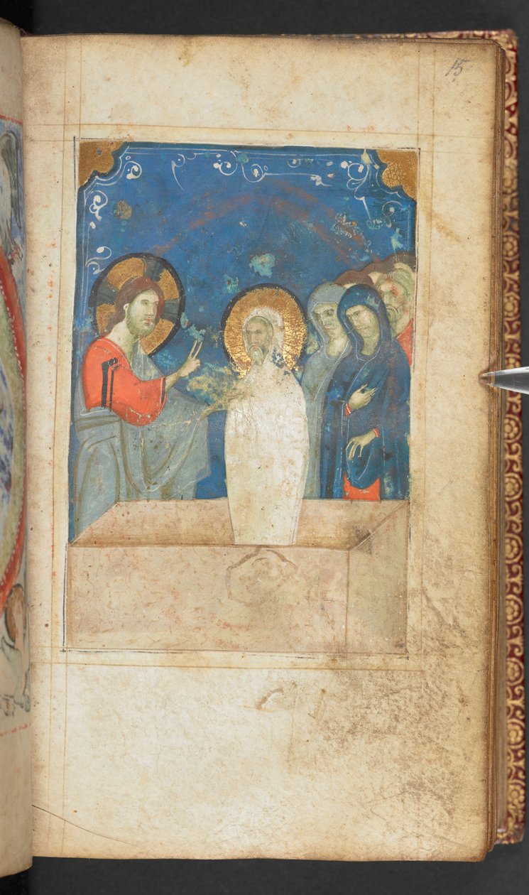 Harley 2928, f.15r, Vzkříšení Lazara, Scéna z evangelia svatého Jana (vellum) od French School