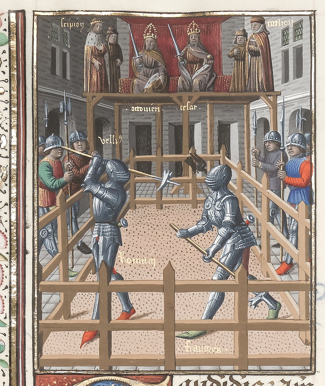 Harley 4375 f.171v, Dva rytíři bojující s pollaxami, od ‚Valerius Maximus‘, kolem 1473-80 (vellum) od French School