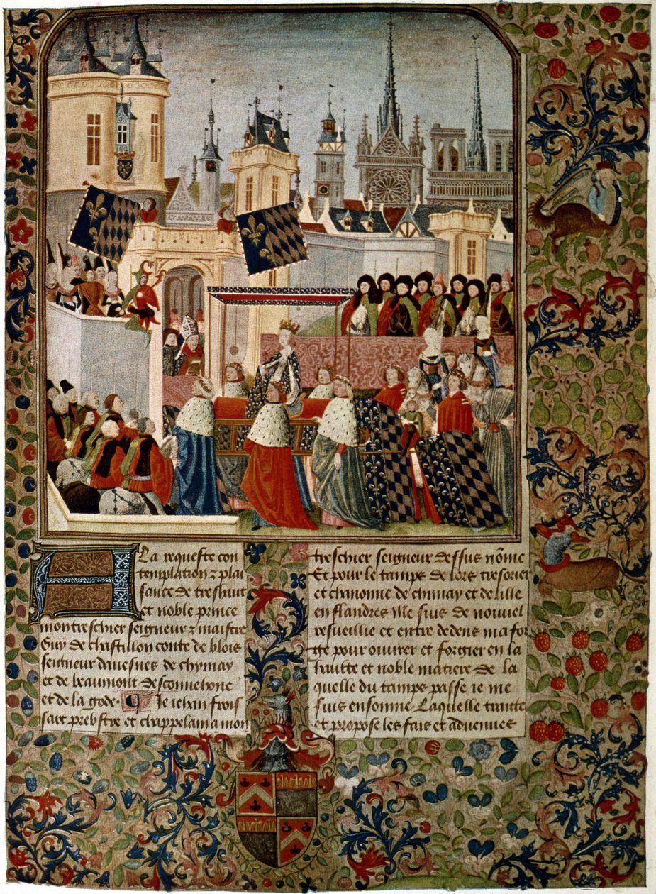 Harley 4379 f.3 Vstup královny Isabely, odcizené choť Edwarda II. (1284-1327) do Paříže v roce 1325, popravený Jeanem Froissartem (asi 1333-1404) pro historika Philippe de Comines (1445-1509) ( pergamen) od French School