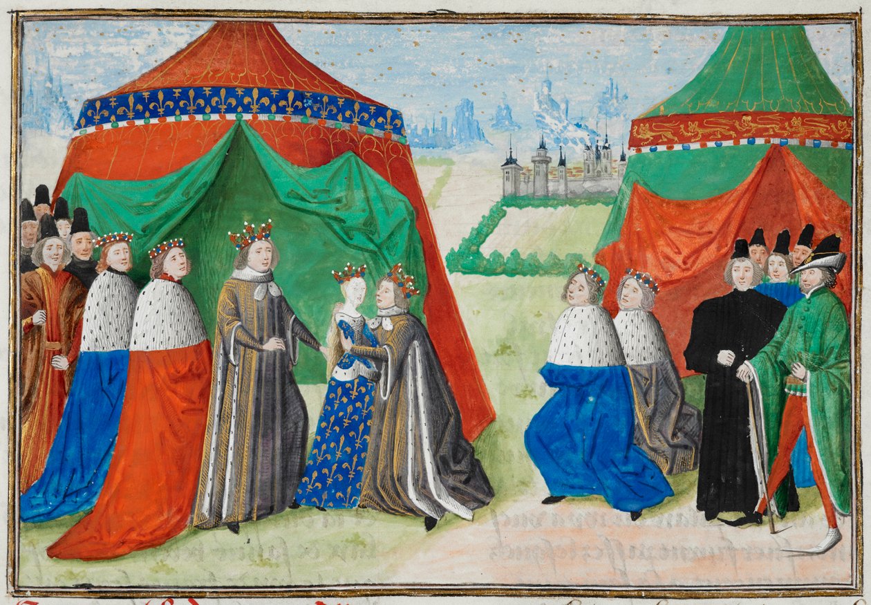 Harley 4380, fol.89 Richard II se setkává se svou dětskou nevěstou, Isabelou Francouzskou, z Froissart Chronicles od French School
