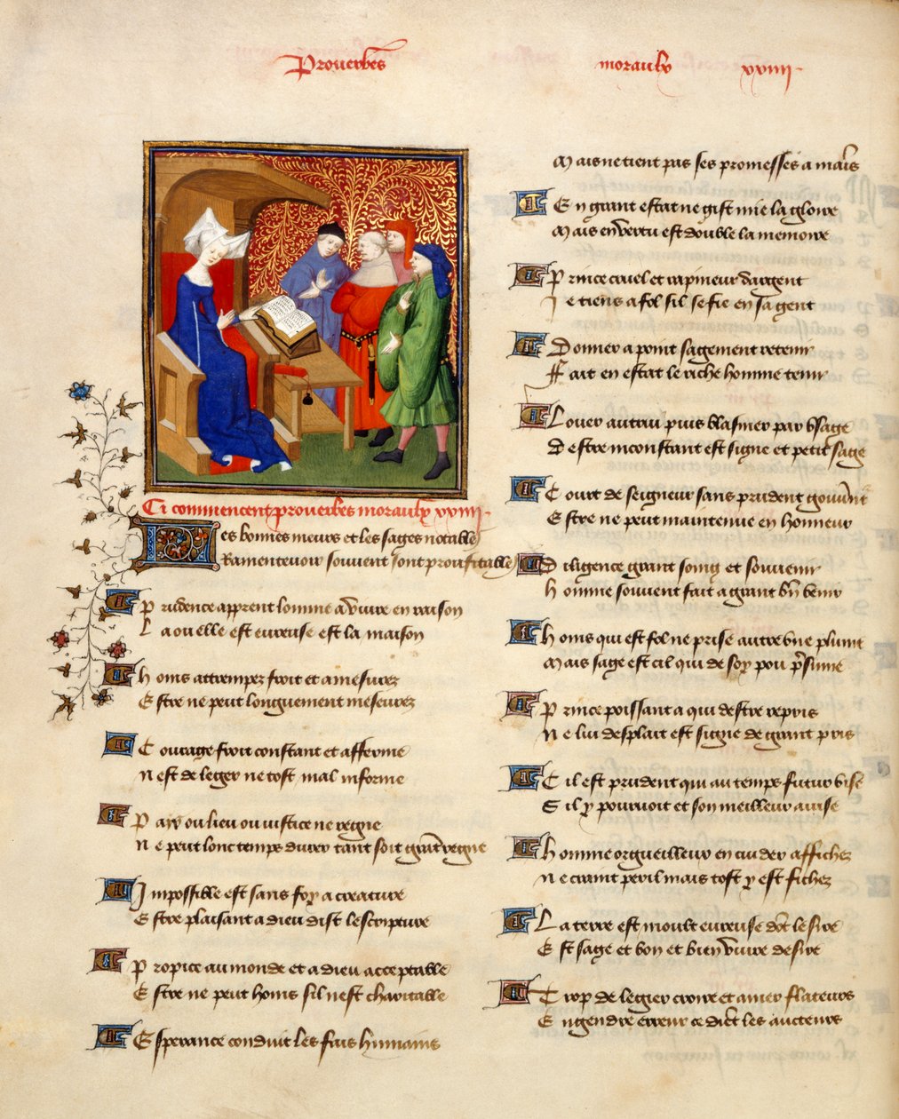 Harley 4431 svazek II, f.259v Miniatura ženy čtoucí morální přísloví na začátku „Proverbes moraux“, z „Knihy královny“, od Christine de Pizan, kolem 1410-14 (inkoust, barva a zlato na pergamenu) od French School