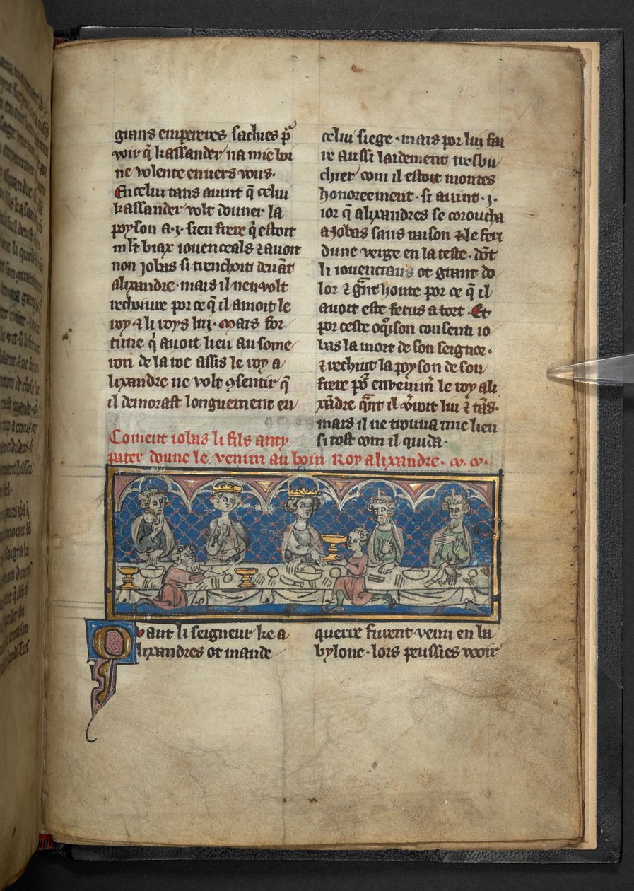 Harley 4979, f.78 Alexander během hostiny dostává od Jobase jed.  , z 