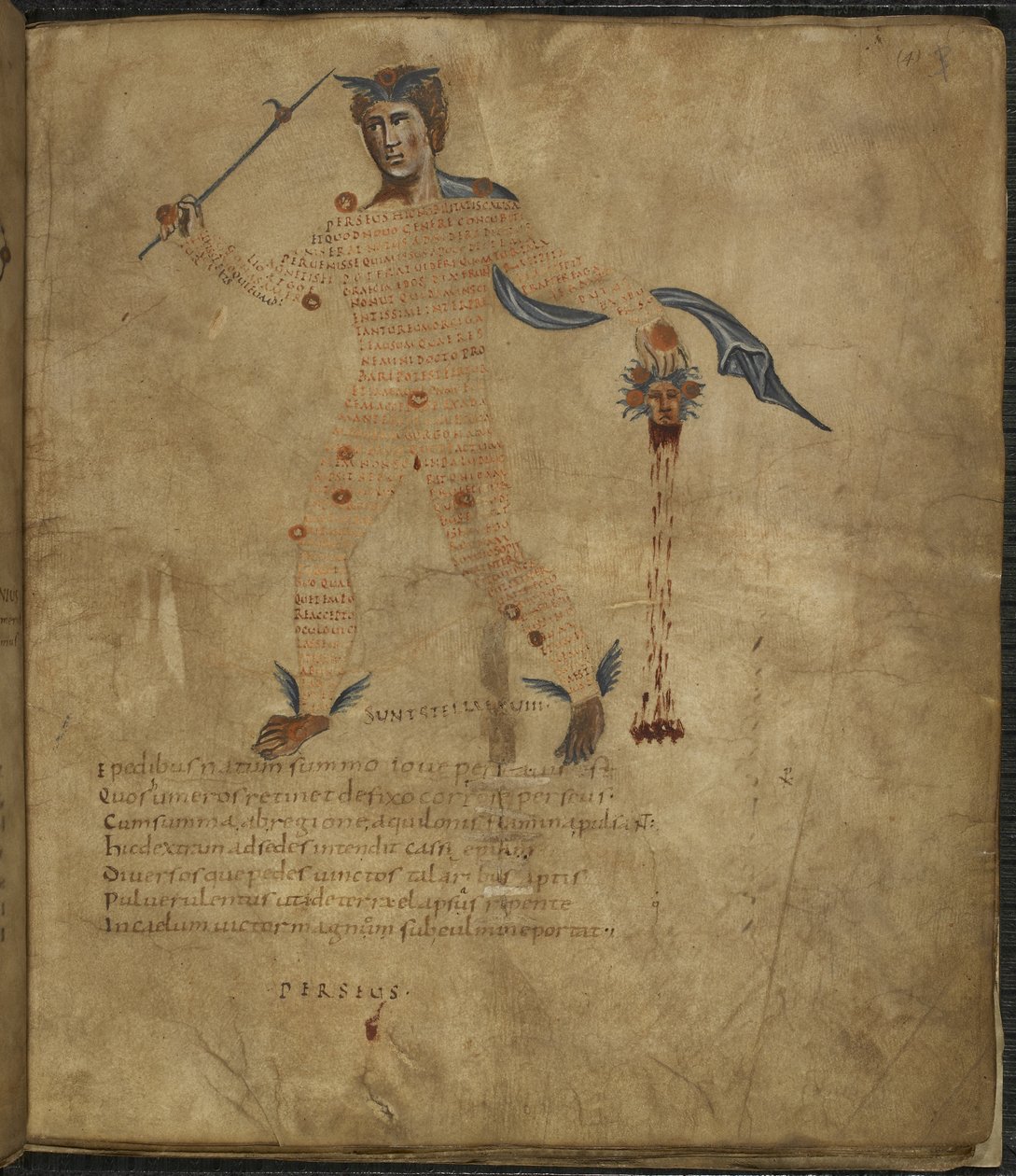 Harley 647, f.4 Ilustrace Persea, hrdiny řecké mytologie, s hlavou medúzy s hadími vlasy, s textem nebo scholií v postavě souhvězdí, z 