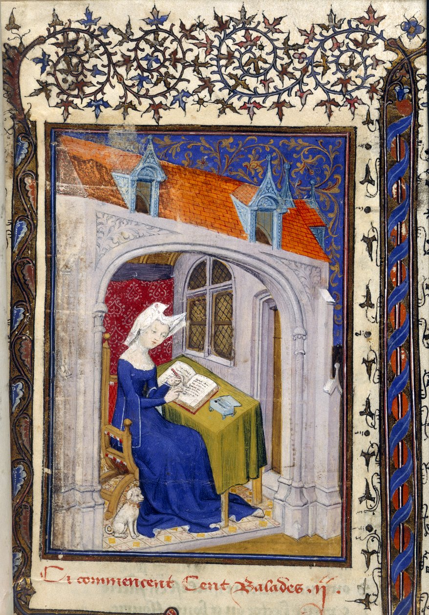 Harley MS 4431 f.004r Detail miniatury Christine de Pizan v její pracovně na začátku ‚Cent balades‘, kolem 1410-14 (inkoust a barva na pergamenu) od French School