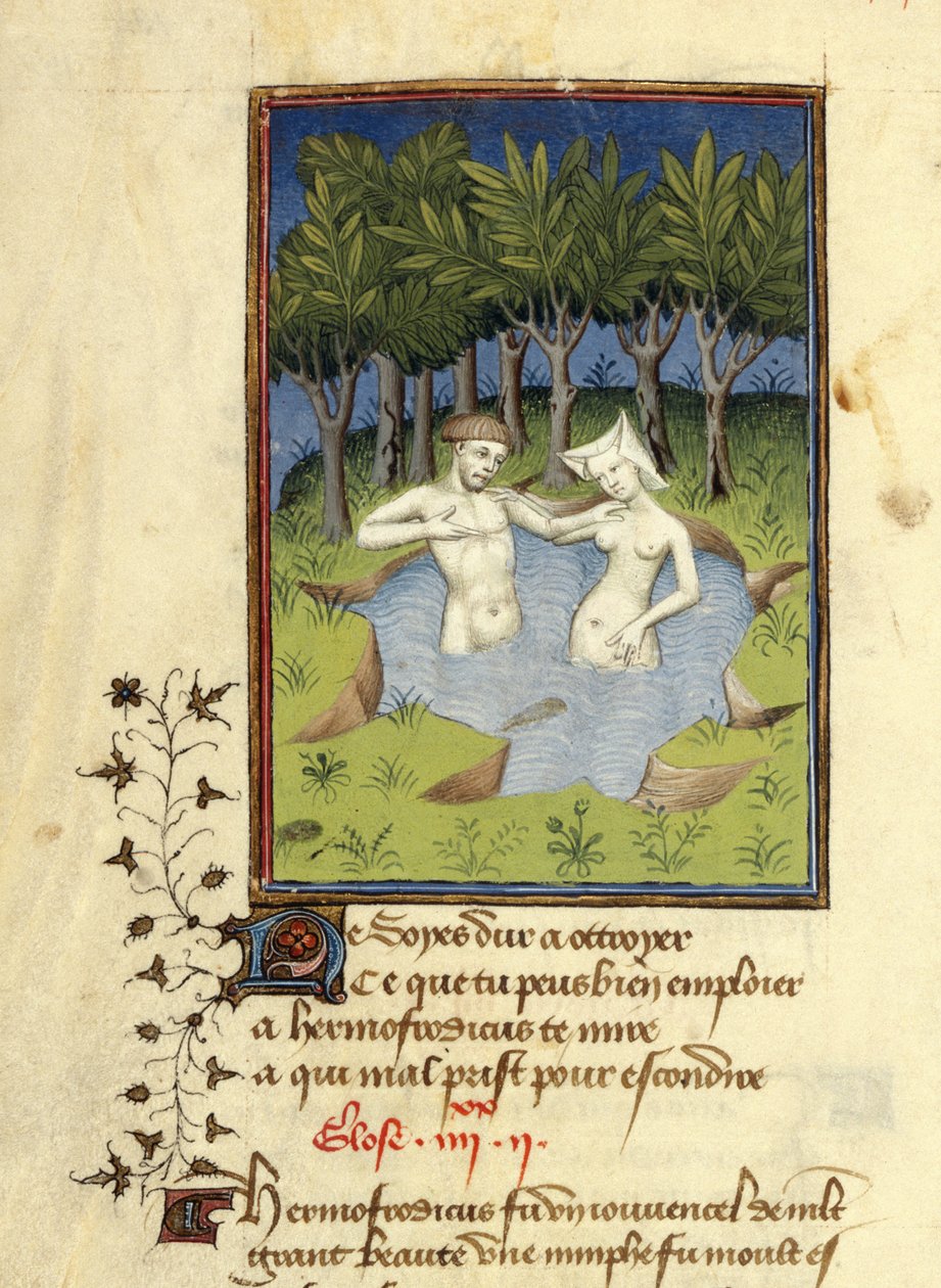 Harley MS 4431, f.132v, Miniatura Hermafrodita a nymfy Salmacis koupající se v jezeře, z 