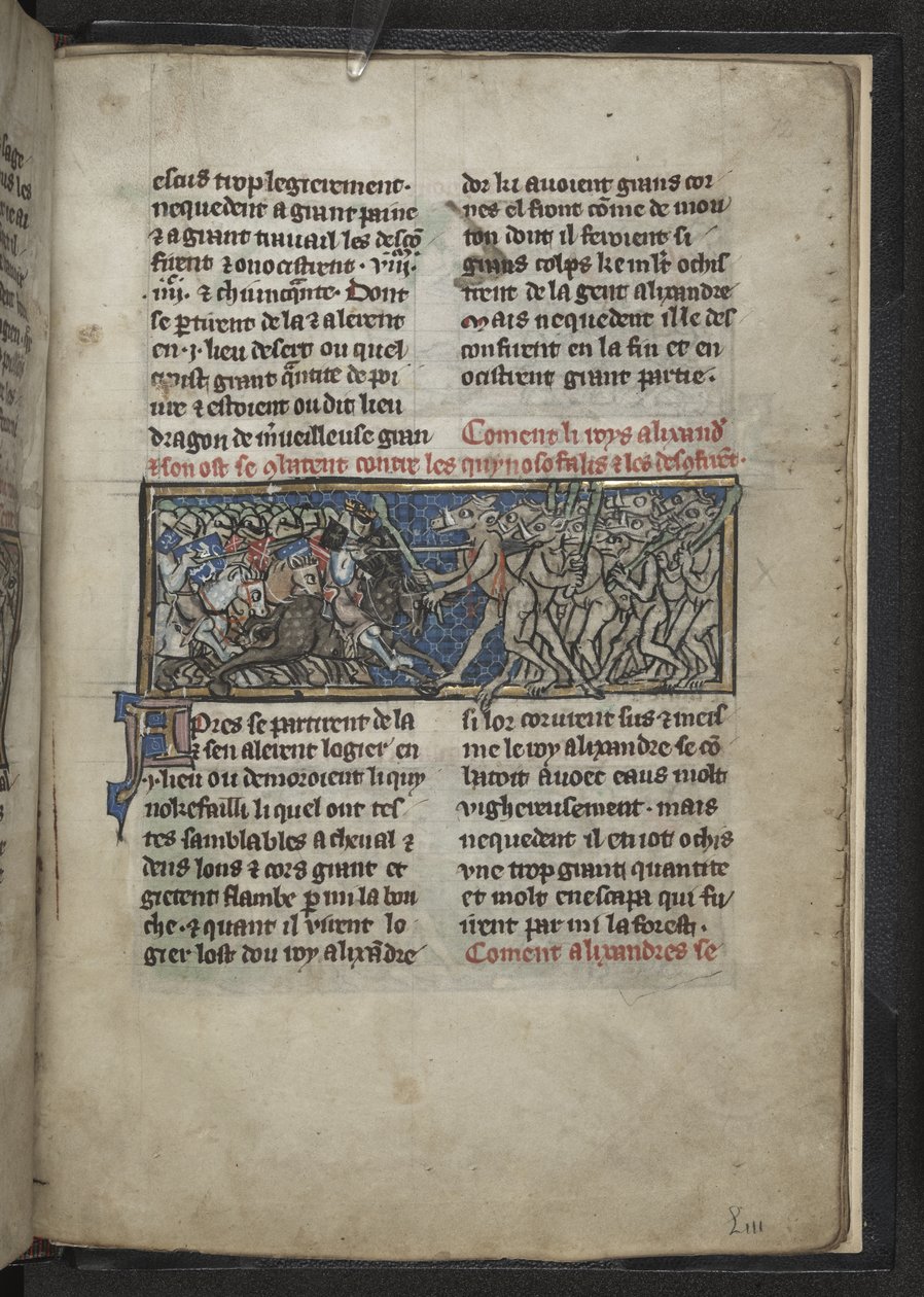 Harley MS 4979 f.72r Alexander bojující muži s koňskými hlavami, od 