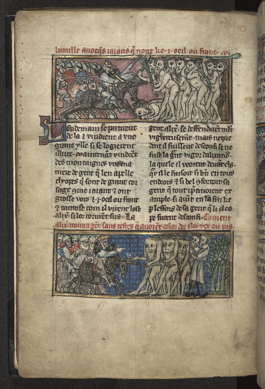 Harley MS 4979 f.72v Alexander bojující s Cyclopes; Alexander bojuje se skupinou blemmyes, z 