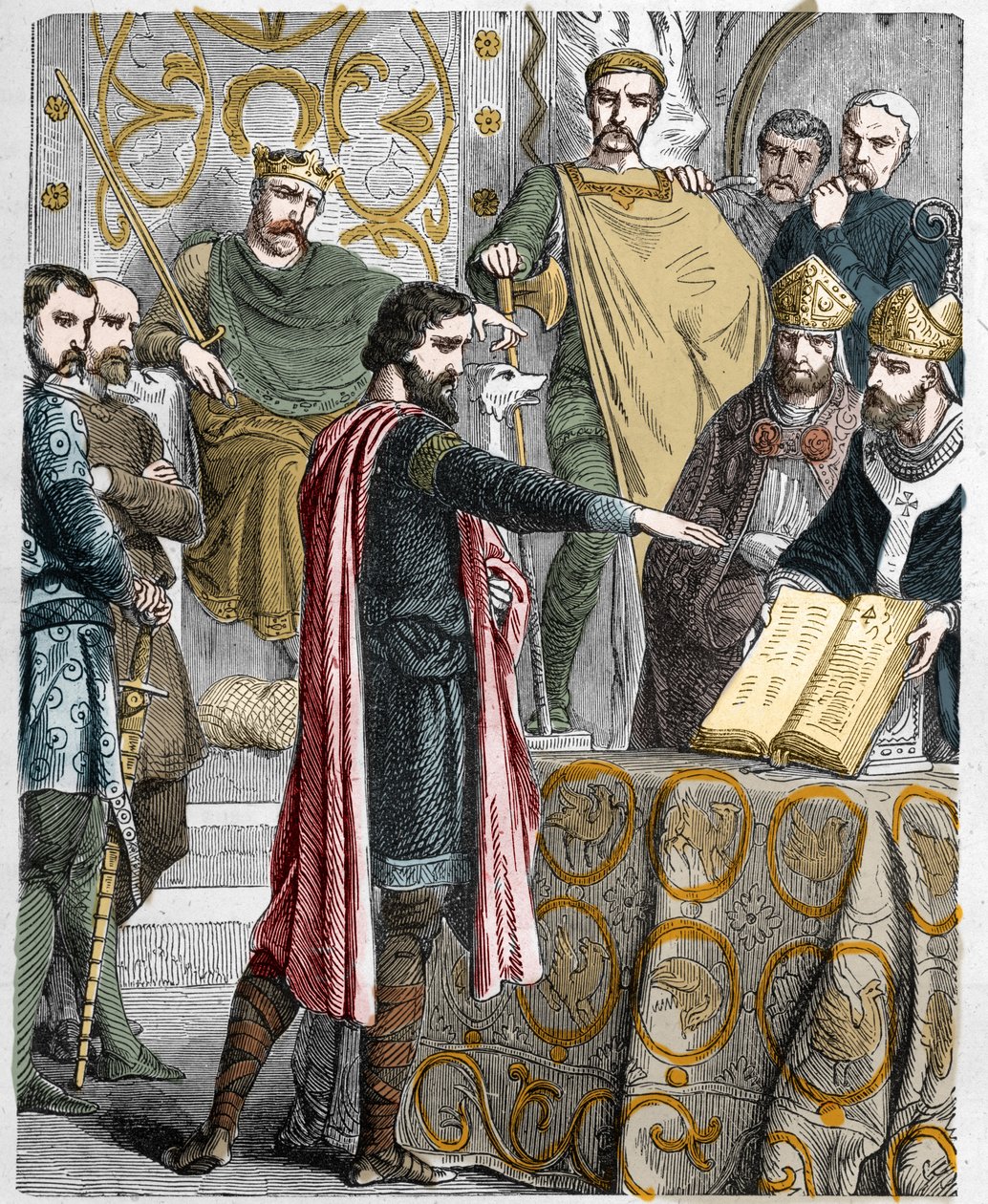 Harold II (1020-1066), poslední anglosaská královská koruna v roce 1064, přísahal na posvátné relikvie před Vilémem I. Dobyvatelem, aby podpořil jeho věc na trůnu Anglie po smrti Edwarda vyznavače. od French School