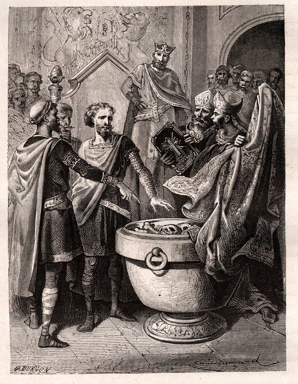 Harold II (1020-1066), poslední anglosaská královská koruna v roce 1064, přísahal na posvátné relikvie před Vilémem I. Dobyvatelem, aby podpořil svou věc na anglickém trůnu po smrti Edwarda vyznavače kolem roku 1064 (Harold přísahal na posvátné relikvie ( od French School