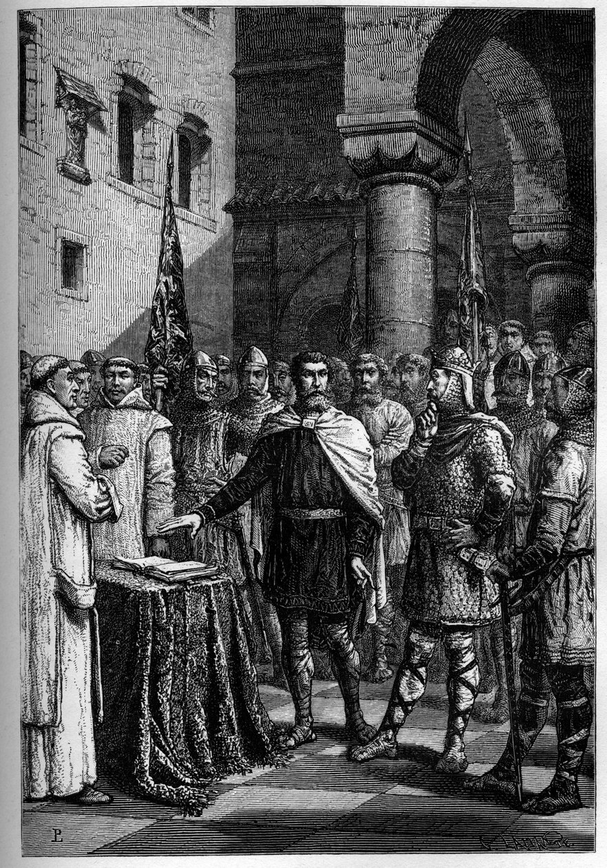 Harold, anglický král, přísahá věrnost Guillaumeovi, vévodovi z Normandie (William I.) - Harold II (1020-1066), poslední anglosaská královská koruna v roce 1064, složil přísahu na posvátné relikvie před Vilémem I. Dobyvatelem, aby podpořil jeho věc v angli od French School
