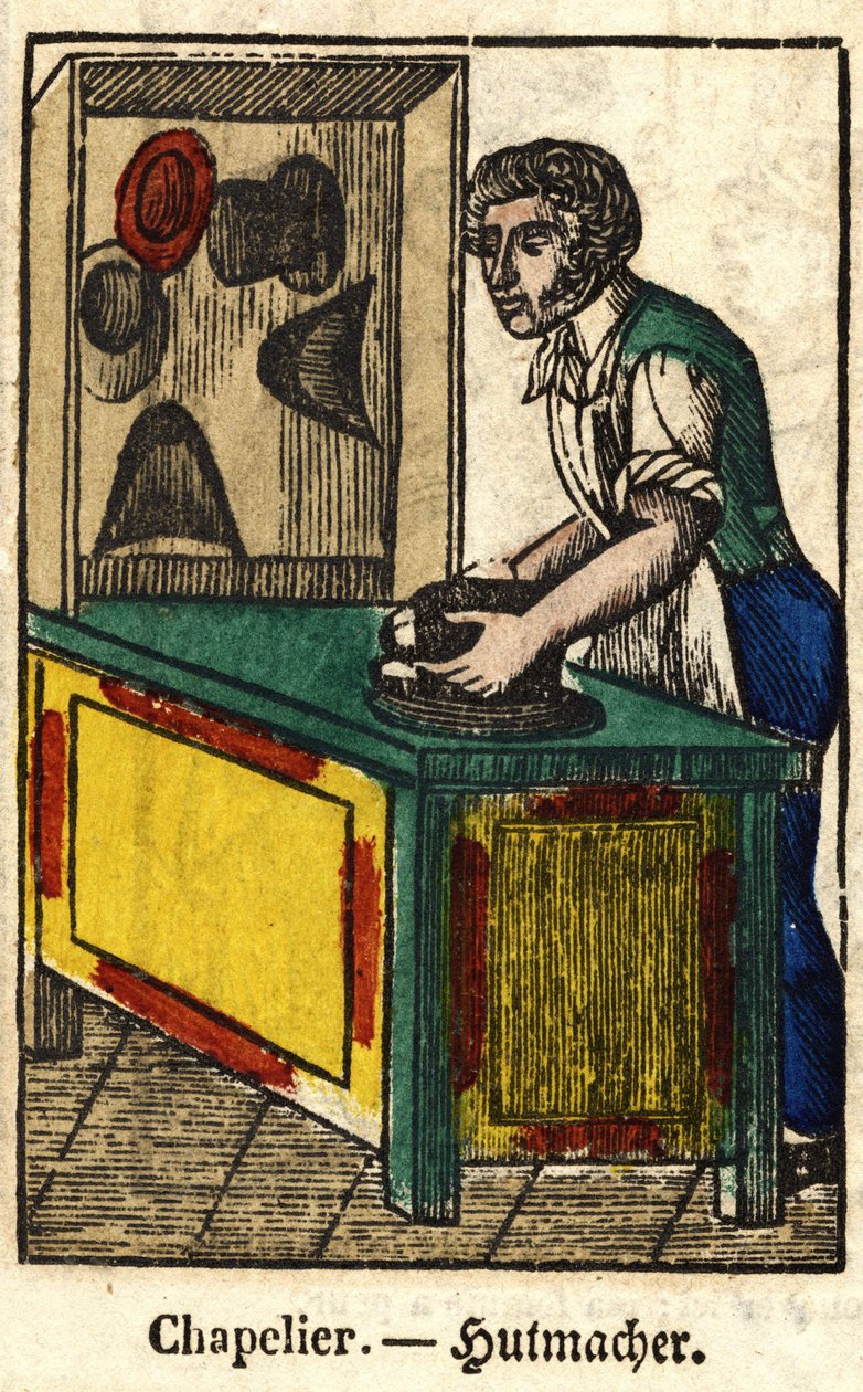 Kloboučník; Série o živnostech, obraz Epinal z 19. století. od French School