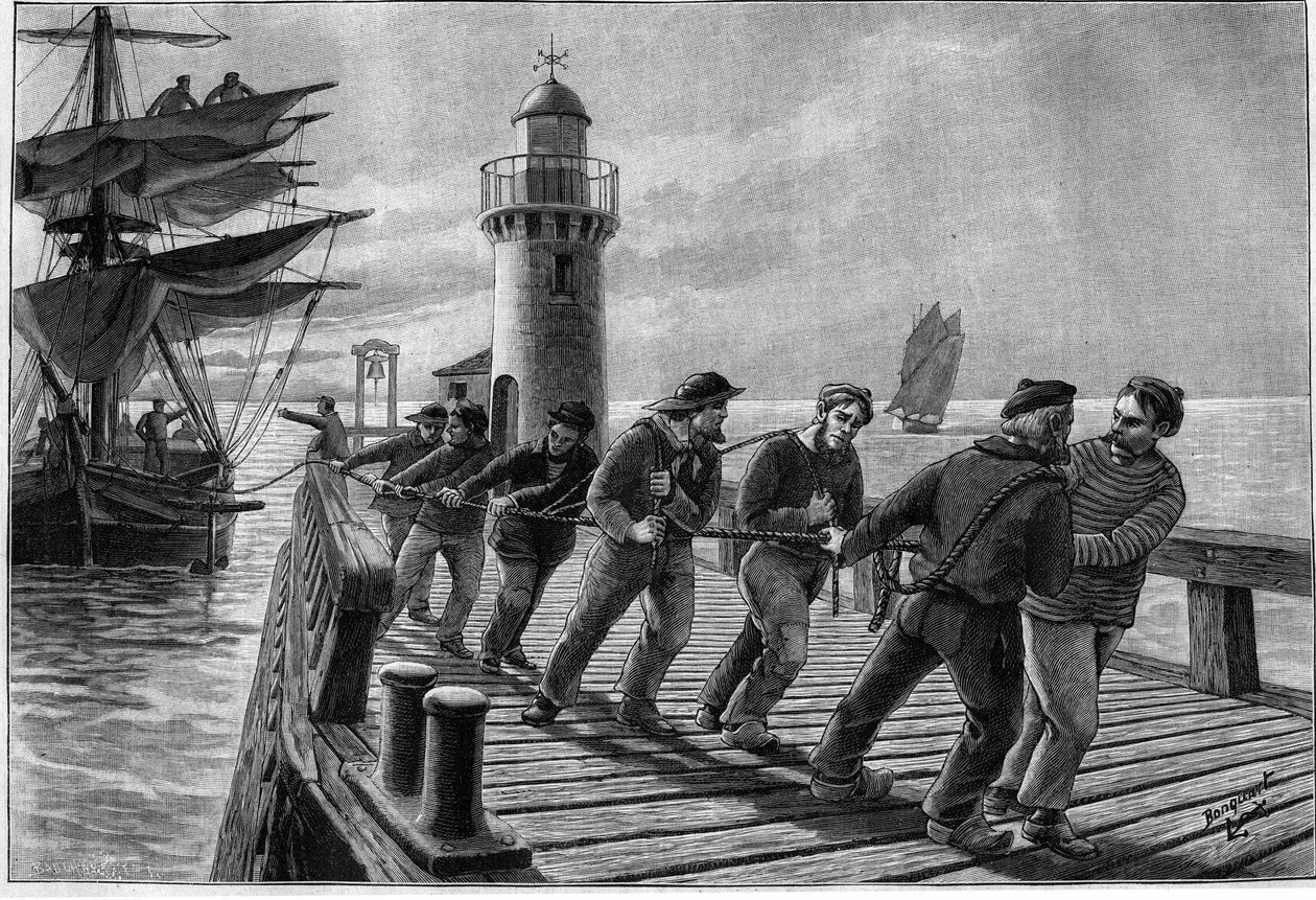 Tahači tahající loď, konec 19. století. Rytina v “” Journal des Voyages”” z 26. března 1899. od French School