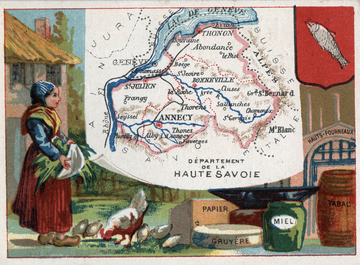 Haute Savoie (Haute-Savoie, 74), Rhone Alpes (Rhone-Alpes), Francie. Místní specialita: papír, gruyere, med, tabák a vysoké pece. Seriál o francouzských departementech. Chromolitografie (Chromo) „“zeměpisné vlákno“, kolem roku 1920. Soukromá sbírka od French School