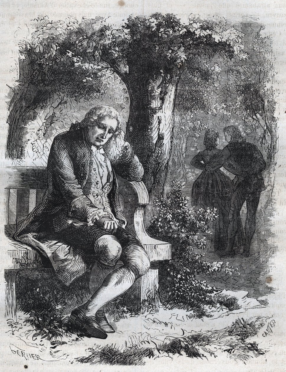 Slyšel šepot polibku." Švýcarský filozof Jean Jacques (Jean-Jacques) Rousseau (1712-1778) překvapí svou družku Marii-Therese (Marie Therese) Le Vasseur (Levasseur) (1721-1801) v úplném cizoložství. Rytina z roku 1871 v „Histoire Des Cocuses od French School