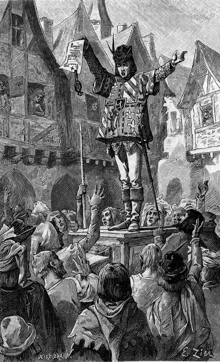 V ruce držel svitek. Rytina ilustrující román „Pour la patrie! “” od Josephine Colombové. V „Le Journal de la Jeunesse“ od French School