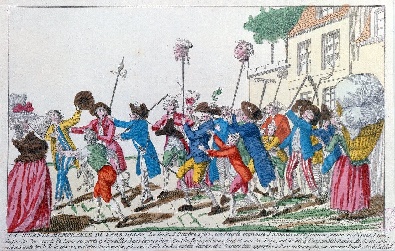 Hlavy dvou královských gardistů, které 5. října 1789 ve Versailles zabil pařížský dav, jsou vítězoslavně přeneseny do Paříže. od French School