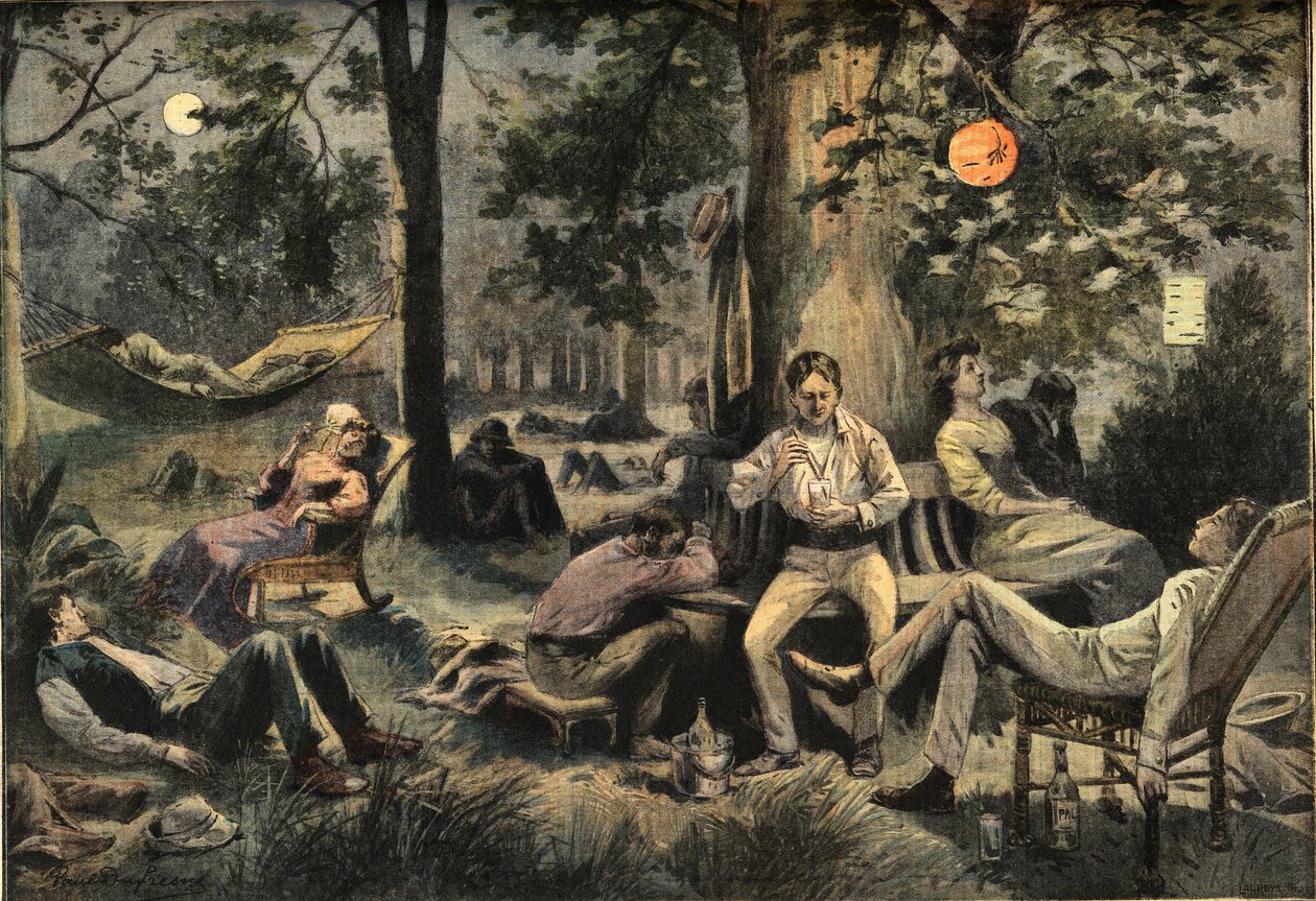 Teplo v New Yorku: obyvatelé táboří v parcích, z novin „Le Petit Parisien“, 26. 7. 1908 (rytina) od French School