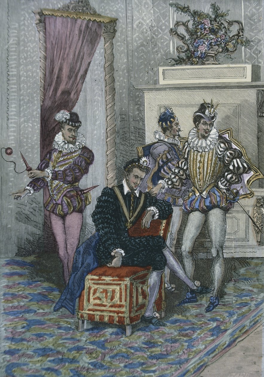Henri III (1551-89) a jeho oblíbenci (barevné rytí) od French School