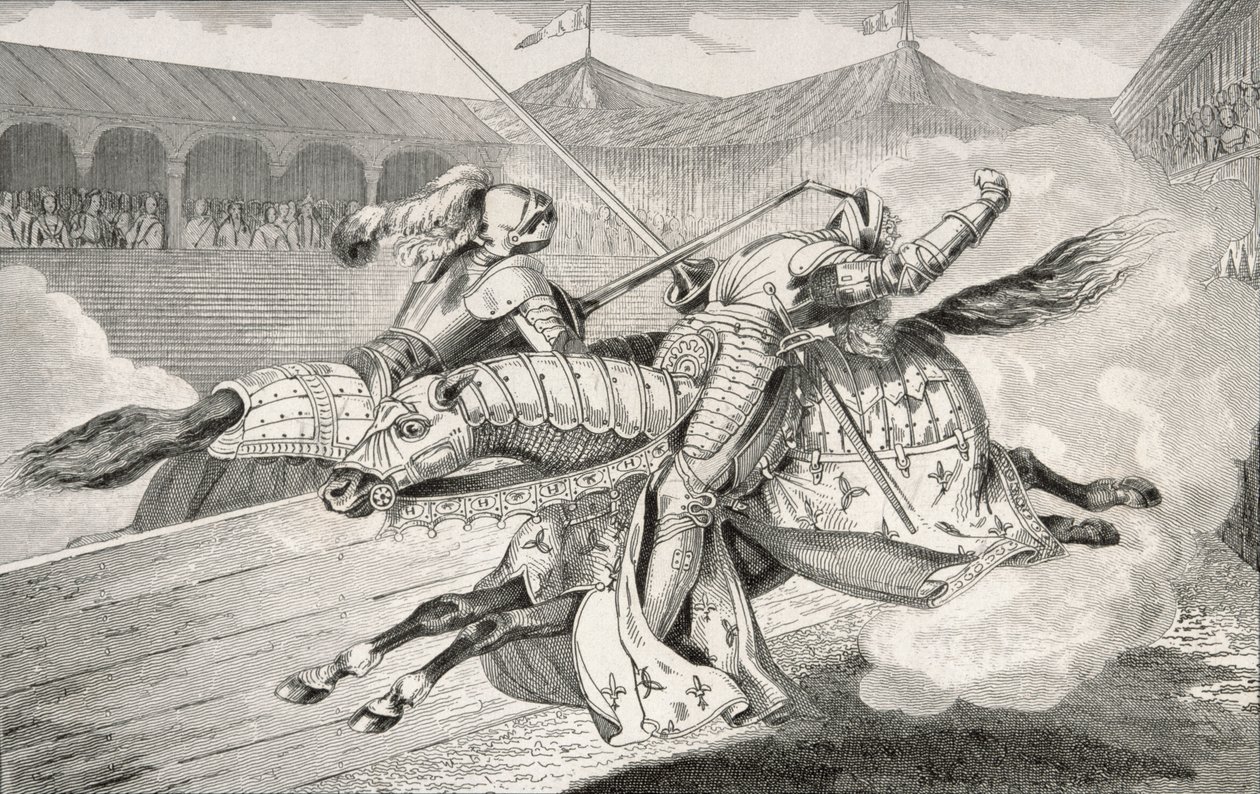 Henri II (1519-59) je smrtelně zraněn při klání během svatebních oslav své dcery, z „Histoire de France“ od Colarta, vydané kolem roku 1840 H od French School