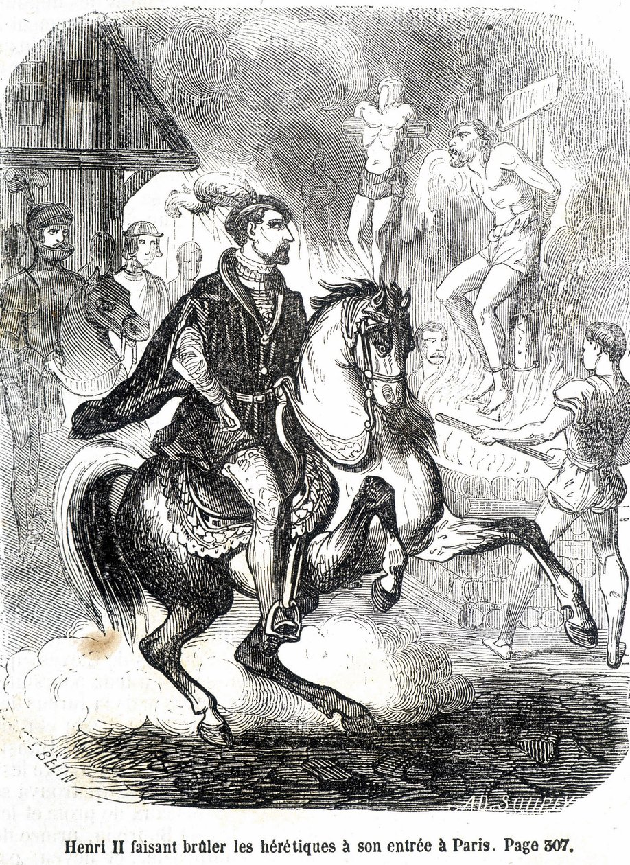 Henri II. (1519 - 1559) nechal upálit kacíře u svého vjezdu do Paříže - v „Histoire de France“ od L.-P. Anquetil od French School