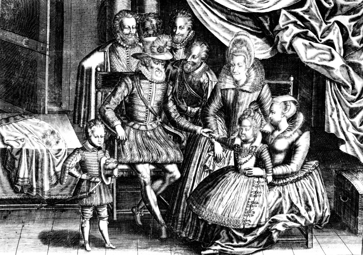 Henri IV (1553-1610) francouzský král se svou rodinou a svými rádci od French School