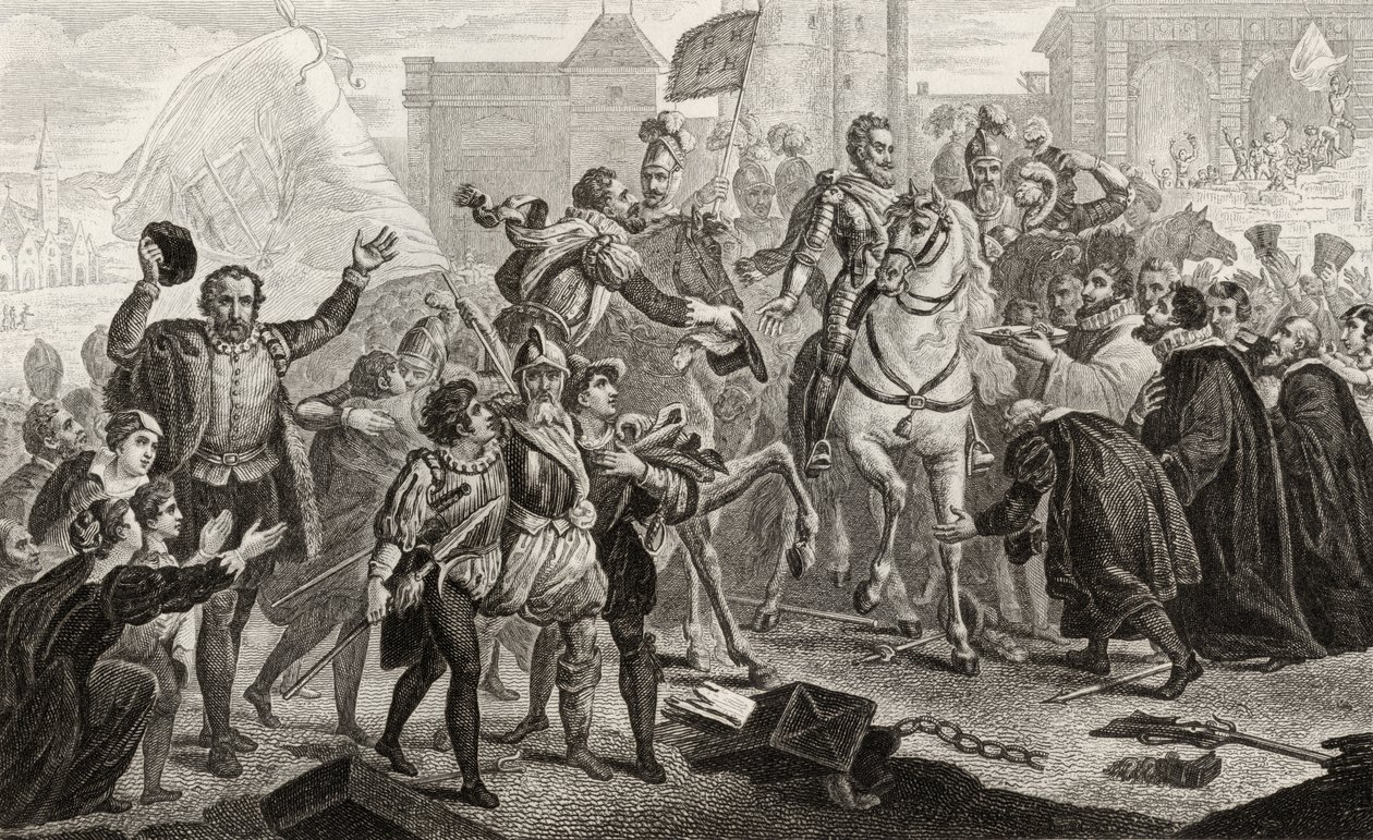 Henri IV (1553-1610) vstupuje do Paříže v roce 1594, z „Histoire de France“ od Colarta, vydaného kolem roku 1840 od French School