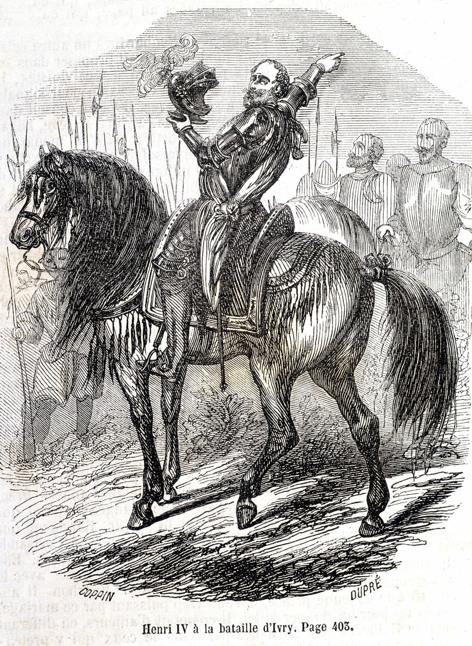 Henri IV (1553 - 1610) v bitvě u Ivry (14. 3. 1590) - v „“ Histoire de France ““ od L.-P. Anquetil od French School