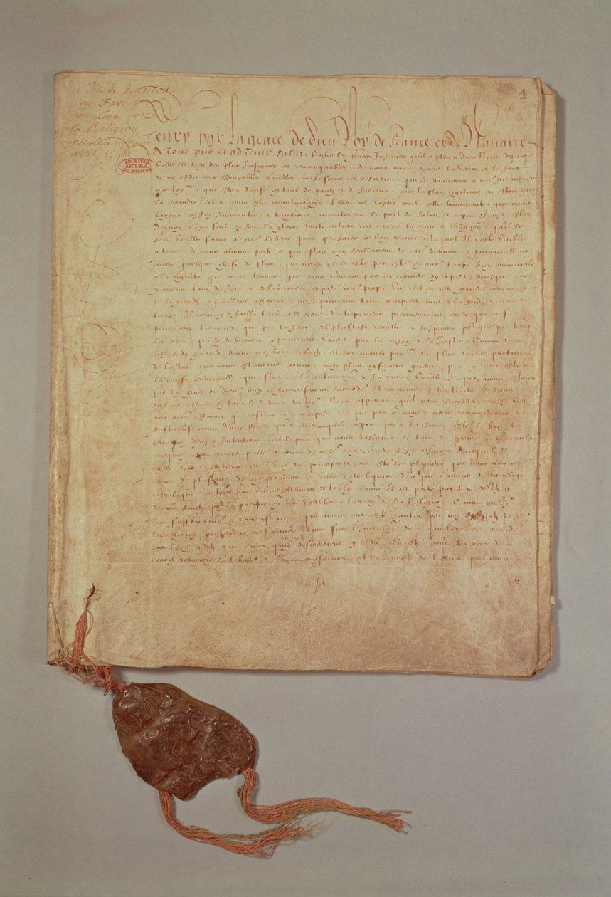 Henri IV, Z Boží milosti, král Francie a Navarry, první stránka z „Ediktu z Nantes“, 1598 (viz také 156756) (inkoust na papíře) od French School