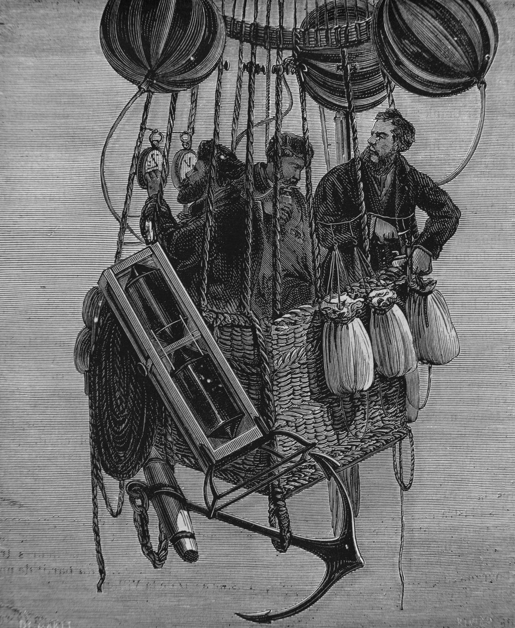 Henri Theodore Sivel (1834-75), Joseph Croce Spinelli a Gerard Tissandier v gondole balónu Zenith, 15. dubna 1875 od French School