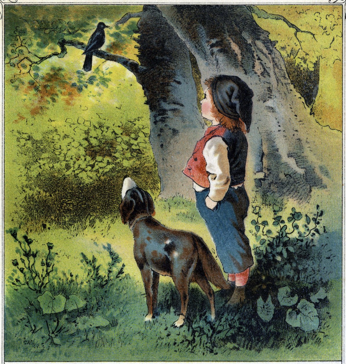 Henri pozoruje kosa na větvi v lese a vrací se ke svému životu, kdyby byl ptákem. Chromolitografie z "" Childhood Scenes"" ed. Guerin - Muller kolem roku 1885. od French School