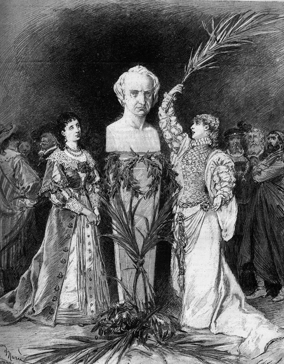 Henriette Rosine Bernardová zavolala Sarah Bernhardt (1844-1923) recitující „Bitvu u Hernani“ od Francoise Coppeeho před bustou Victora Huga (1802-1885) u příležitosti padesátého výročí hry „Hernani“. Paříž, komedie Francaise od French School