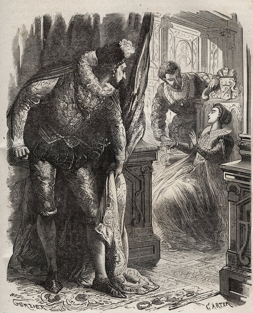 Henry (Henry) Stuart dit Lord Darnley (1545-1567) překvapil svou manželku, královnu Marii (Mary) Iere Stuart (1542-1587), svým soukromým tajemníkem Davidem Rizziem († 1566). Rytina z roku 1871 v „Histoire Des Cocuses Celebres““ od Henryho de Kocka (1819-18 od French School