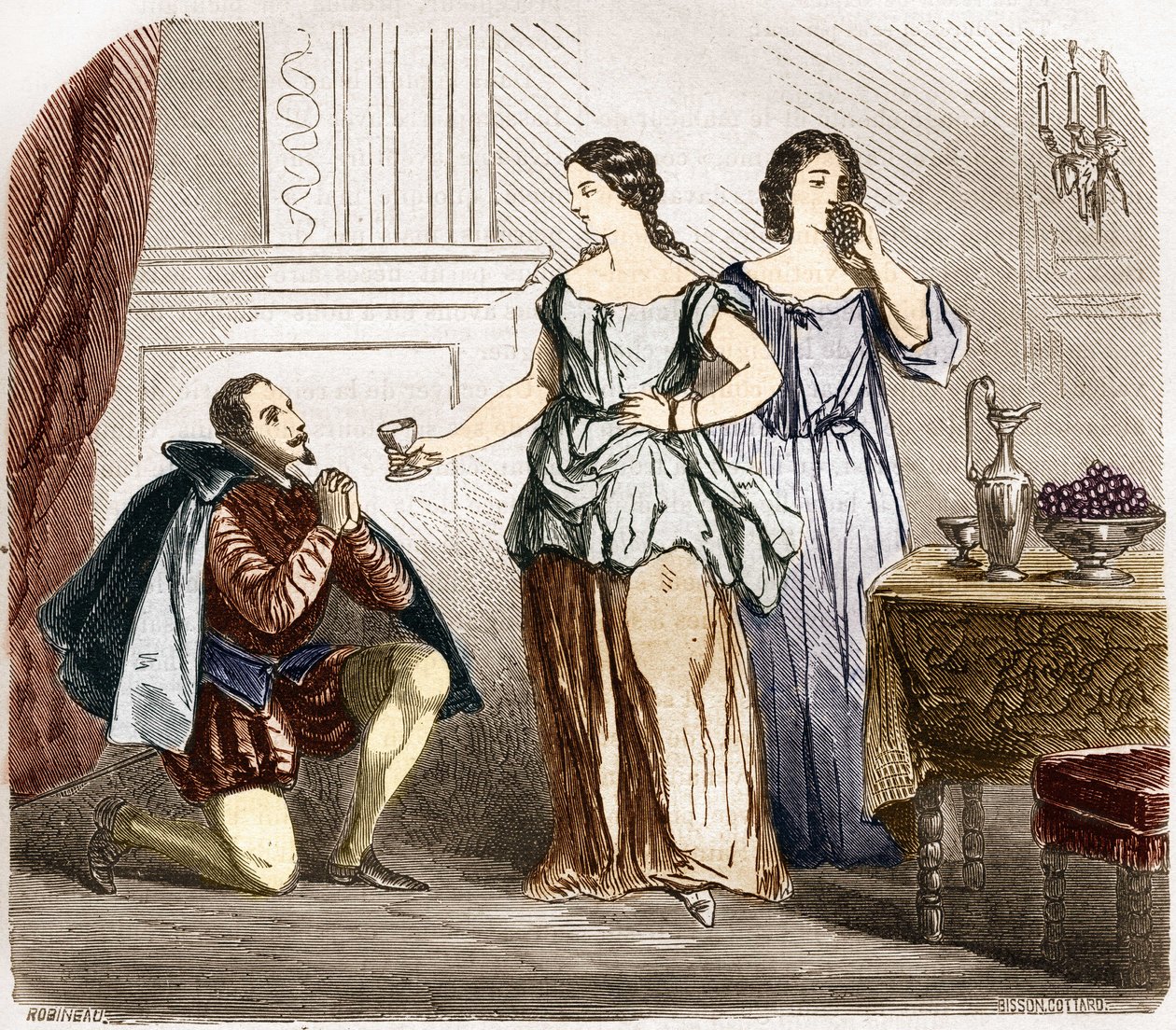 Jindřich IV. (1553-1610), král Francie, kterému sloužily polonahé ženy. Rytina do „Historie prostituce a zhýralosti mezi všemi národy světa od starověku po současnost“ od Dr. Th. -F. Debray. 1879. od French School