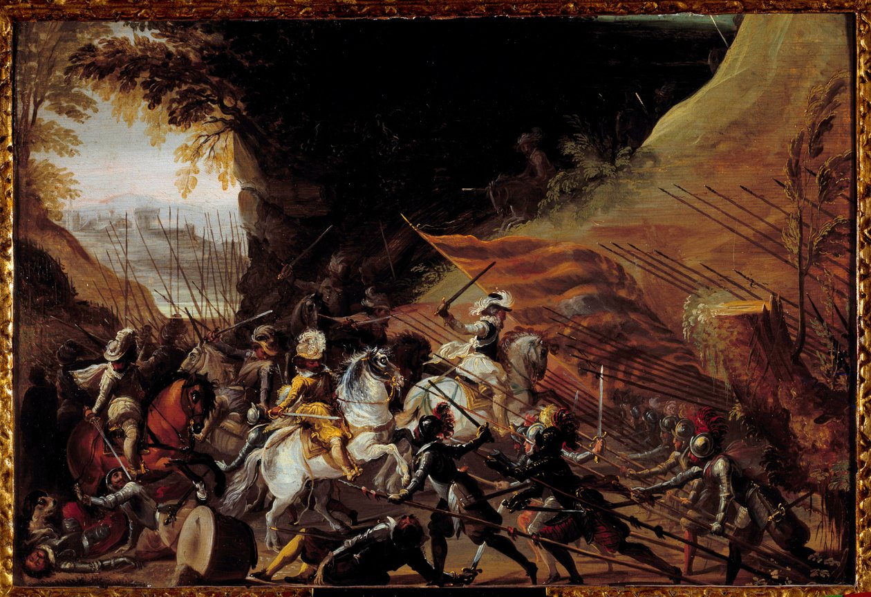 Jindřich IV. (1589-1610) nakládající v čele své jízdy. Anonymní francouzské malířství 17. století. Olej na dřevě. Rozměr: 0,35 x 0,52 m. Pau, Musee du Chateau od French School