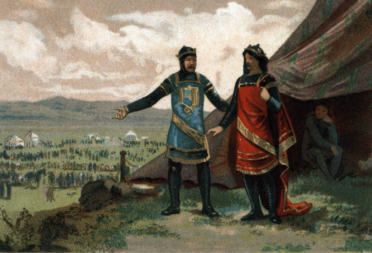 Jindřich I., francouzský král (1008-1060) přijal vévodu z Normandie Roberta Ďábla (také známého jako Le Magnifique) a poskytl mu armádu, aby znovu získal své království. Chromolitografie kolem roku 1890. od French School