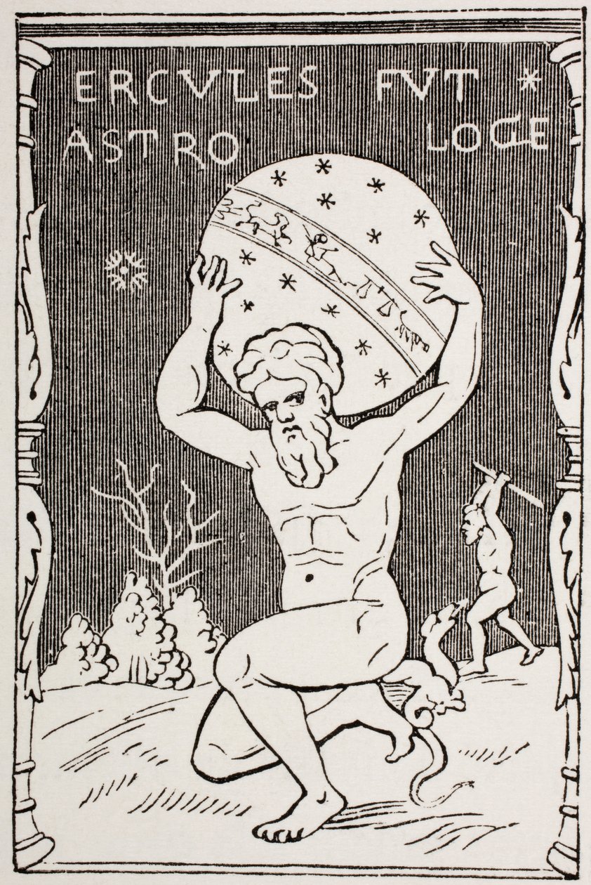 Herkules drží svět na zádech, zatímco Atlas sbírá jablka Hesperidek, z „Les Arts au Moyen Age“, vydané v roce 1873 od French School