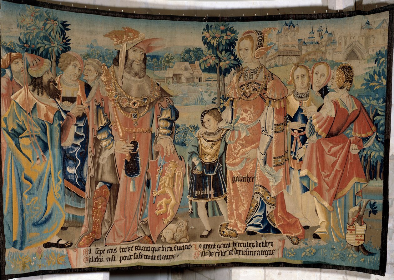Herkules Libyjský s manželkou Galathee a synem Galatheem obklopeni svými dvořany před městem Alexia v roce 1713 př. Kr. Tapiserie „Báječná historie Gaules““ z dílny Arras. 1530 Beauvais, resortní muzeum tl od French School