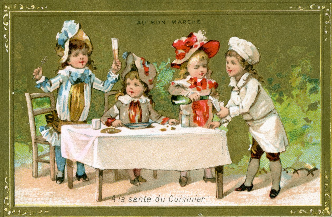 Heres to the Cook!, propagační karta obchodního domu Bon Marché, kolem roku 1890 od French School