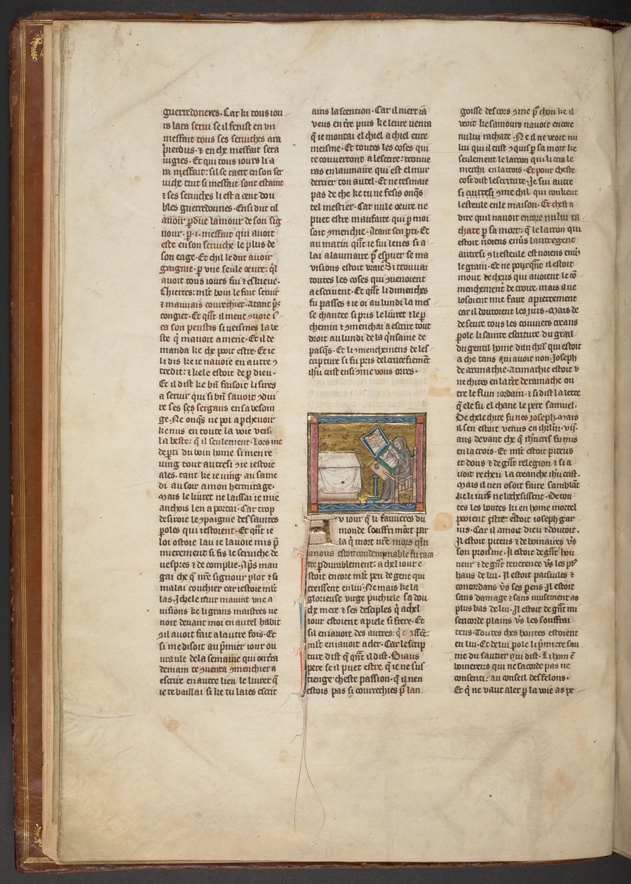 Poustevník píšící u stolu, z "Estoire del Saint Graal, La Queste del Saint Graal, Morte Artu", kolem 1315-25 (inkoust na pergamenu) od French School