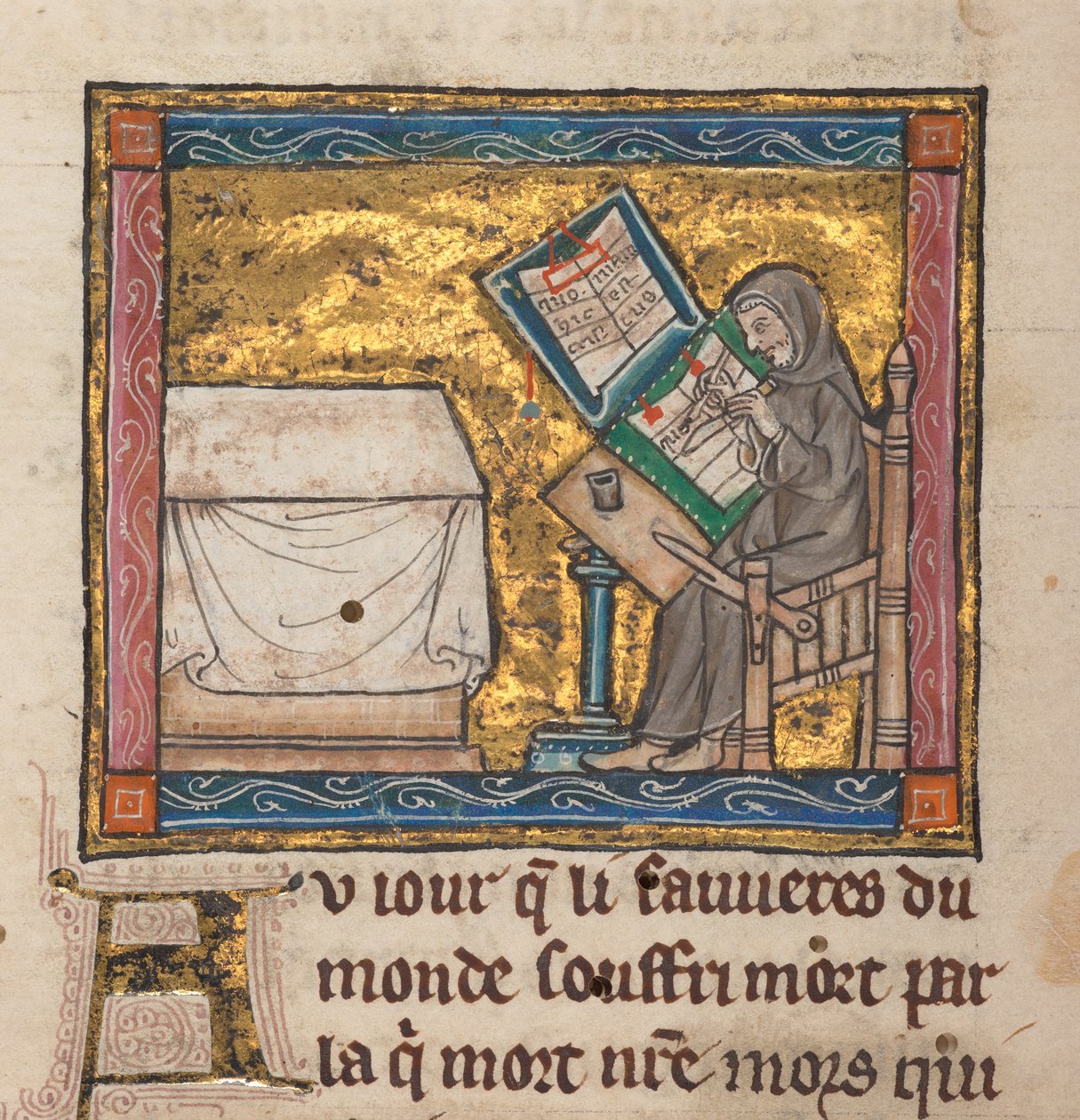 Erakko kirjoituspöydän ääressä, pienoismalli "Estoire del Saint Graal, La Queste del Saint Graal, Morte Artu", n.1315-25 (muste pergamentille) od French School
